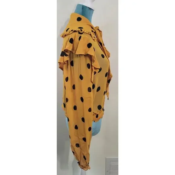 Farm Rio Blouse Womens X-Small Polka Dot Top Yellow & Black Preppy Glam Modern - Picture 5 of 8